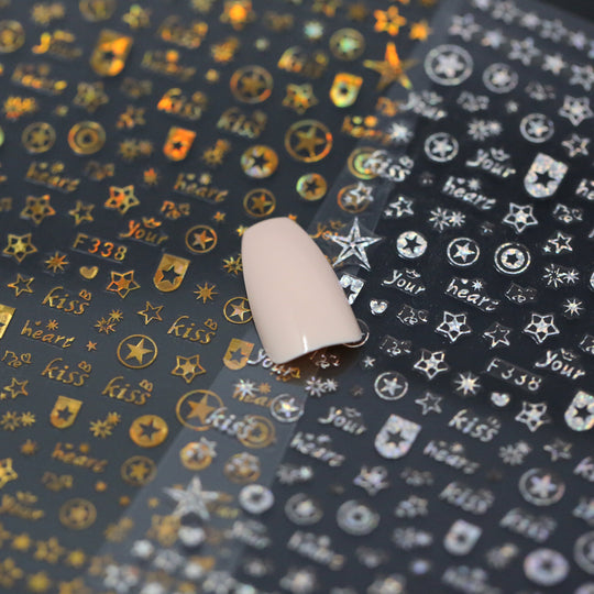 NAIL DECAL Gold and Silver Foil Stars Heart Kiss STICKERS 76 (set of 2)