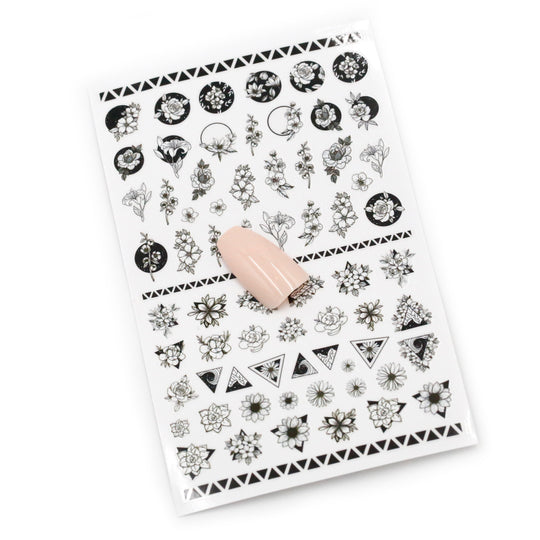 NAIL DECAL Floral Flowers Circle Trangle Black and White STICKERS 94