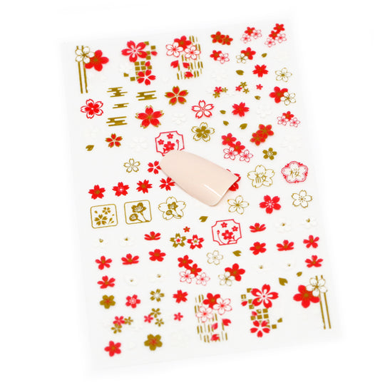 NAIL DECAL Floral Flowers Red Gold Japan Cherry STICKERS 99