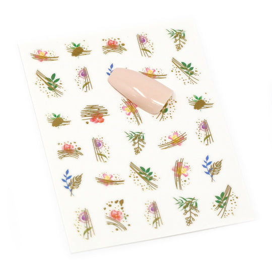NAIL DECAL Gold Foil Flower Green Leaves STICKERS 118