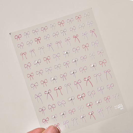 NAIL DECAL Tomoni Pink White Pearl Bows With Crystal Diamond Nail Sticker