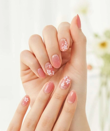 Cherry Blossom Pink with Moonlight Shining Glitter Floral Short Press-On  Nails