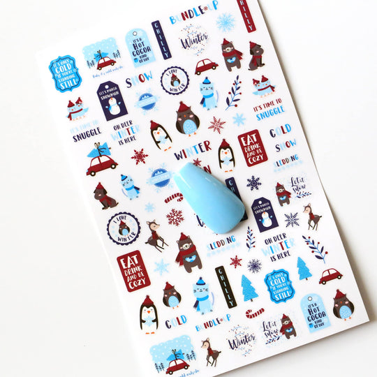 NAIL DECAL Blue Winter Wonderland Penguin Cat Deer Bear Animals STICKERS 67