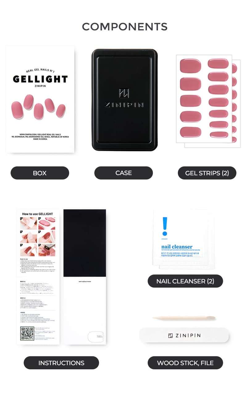 Pink Potion gel nail box has gel stickers, UV case, instructions, and alcohol wipes, and wooden stick.