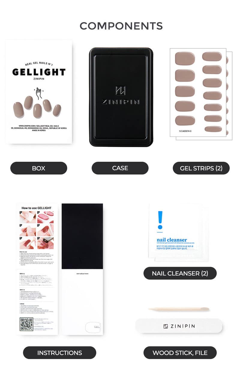 Mud Beige gel nail set comes with gel stickers, UV case, alcohol wipes, wooden stick, full instruction, and UV case.