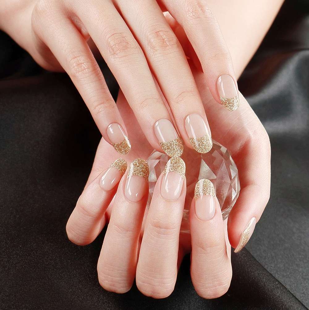 Gold Glitter French Tip Nails with Glossy Finish