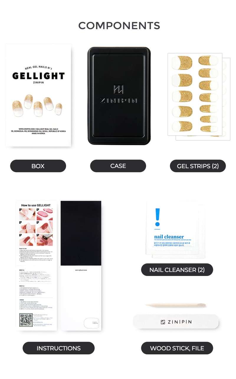 Gold Glitter French Tip gel nail wraps comes with  UV case, gel stickers, UV case, alcohol wipes, wooden stick, and how-to instruction.